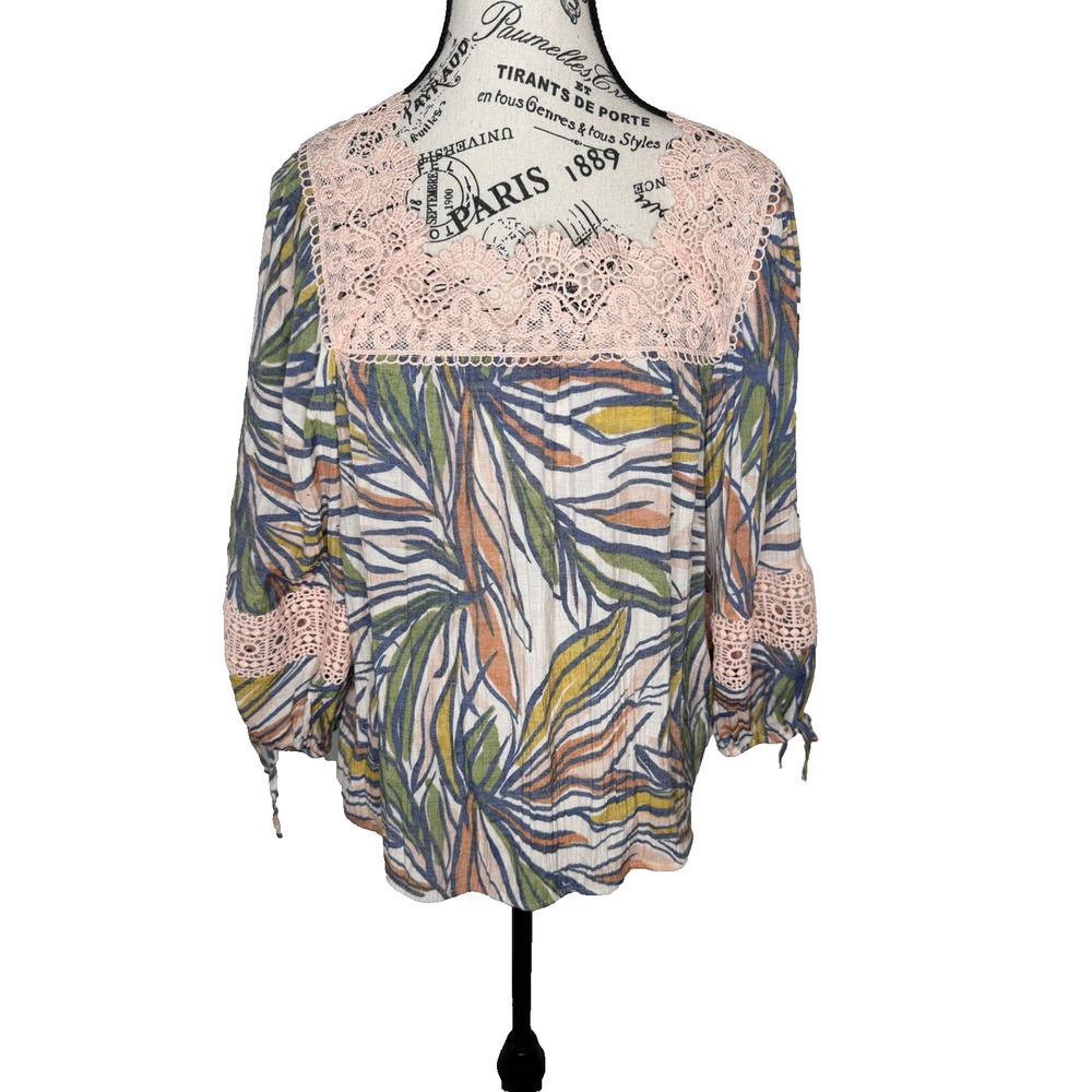 Zac & Rachel Women’s Blouse Medium Pullover Square Neck Pink Lace 3/4 Sleeves